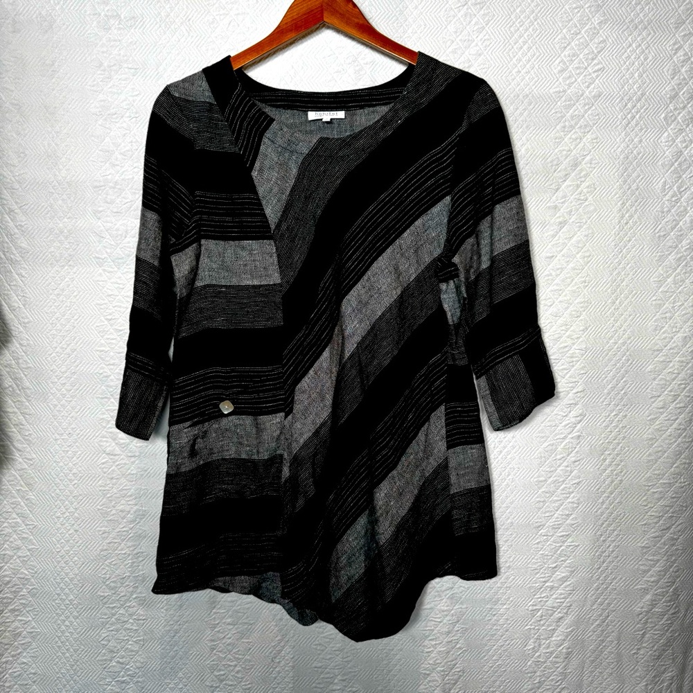Habitat Women's Striped Linen Blend Tunic Blouse 3/4 Sleeve Black/Gray Small